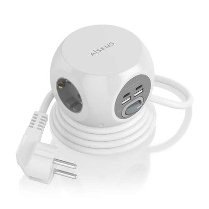 AISENS - Regleta de Enchufes Sobremesa Multifuncion con 3 Tomas + 2xUSB-C  2xUSB-A  1.4M  Blanco