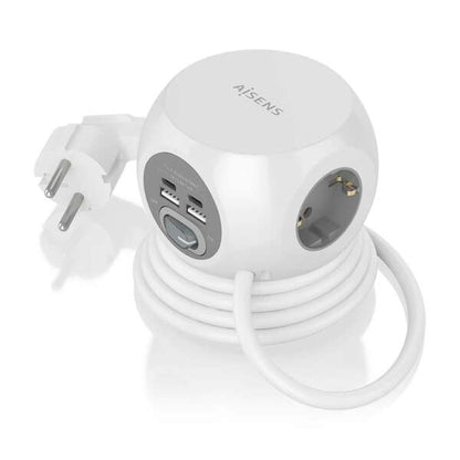 AISENS - Regleta de Enchufes Sobremesa Multifuncion con 3 Tomas + 2xUSB-C  2xUSB-A  1.4M  Blanco