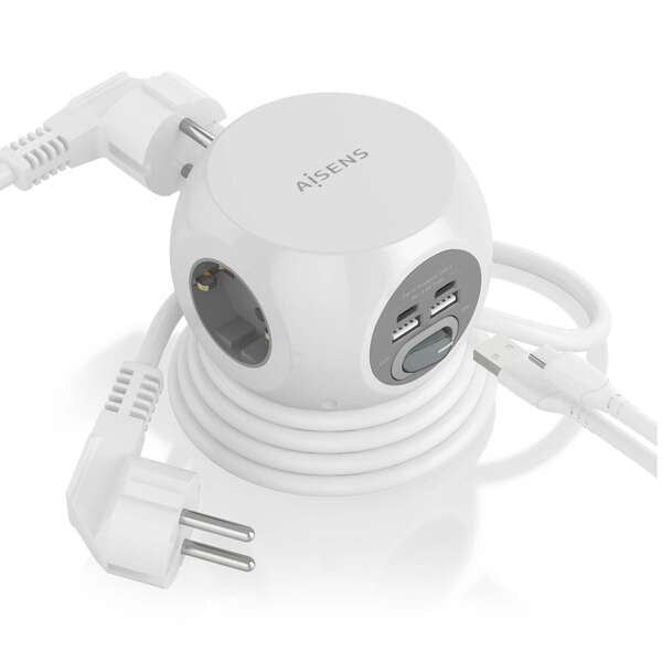 AISENS - Regleta de Enchufes Sobremesa Multifuncion con 3 Tomas + 2xUSB-C  2xUSB-A  1.4M  Blanco