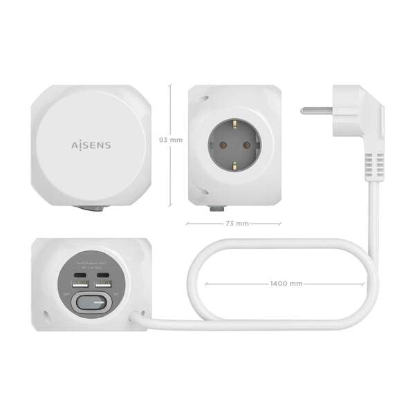 AISENS - Regleta de Enchufes Sobremesa Multifuncion con 3 Tomas + 2xUSB-C  2xUSB-A  1.4M  Blanco