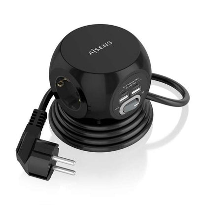 AISENS - Regleta de Enchufes Sobremesa Multifuncion con 3 Tomas + 2xUSB-C  2xUSB-A  1.4M  Negro