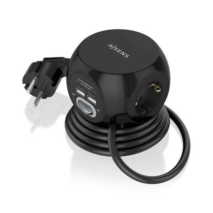 AISENS - Regleta de Enchufes Sobremesa Multifuncion con 3 Tomas + 2xUSB-C  2xUSB-A  1.4M  Negro