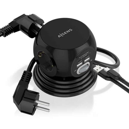 AISENS - Regleta de Enchufes Sobremesa Multifuncion con 3 Tomas + 2xUSB-C  2xUSB-A  1.4M  Negro