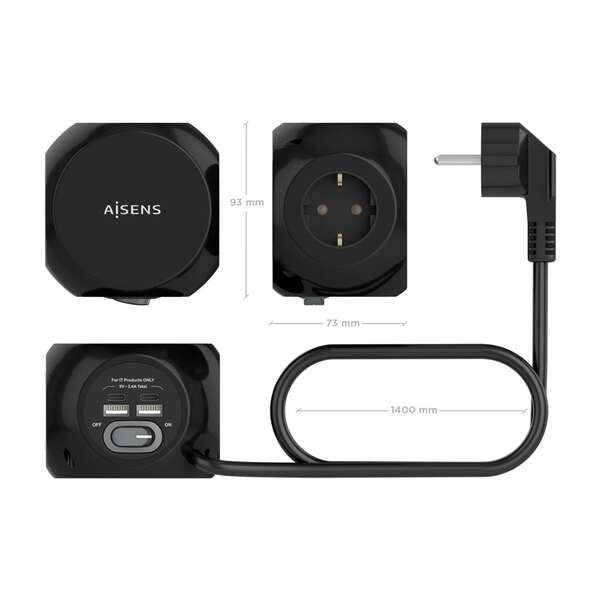 AISENS - Regleta de Enchufes Sobremesa Multifuncion con 3 Tomas + 2xUSB-C  2xUSB-A  1.4M  Negro