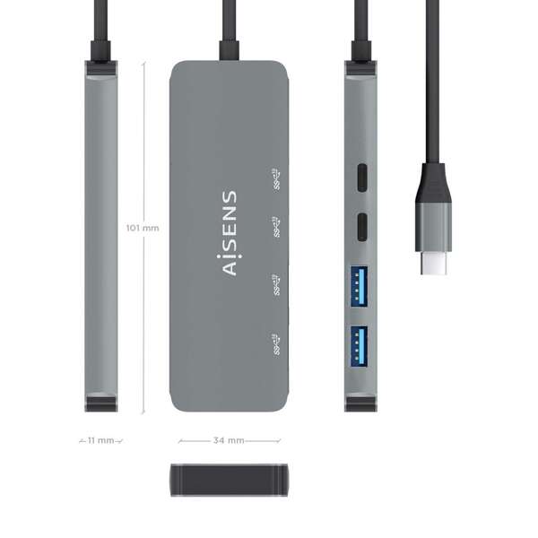 AISENS - Hub USB 3.2 Gen2 10G USB-C  USB-C/M-2xUSB-C/H-2xUSB-A/H  Gris  15cm