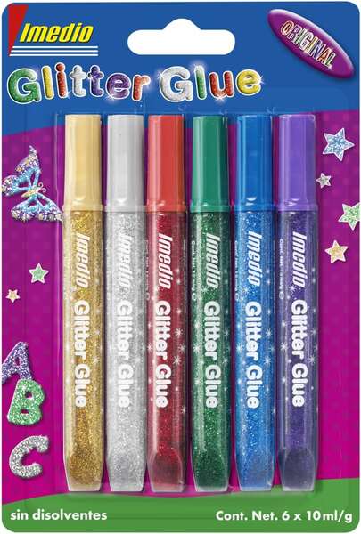 Imedio Glitter Glue "Original" Pack de 6 Tubos de Pegamento con Brillantina 10ml - Para Distintos Materiales - Tubo Extrablando - Boquilla de Precision - Sin Disolventes - Colores Surtidos 10 pieza(s)