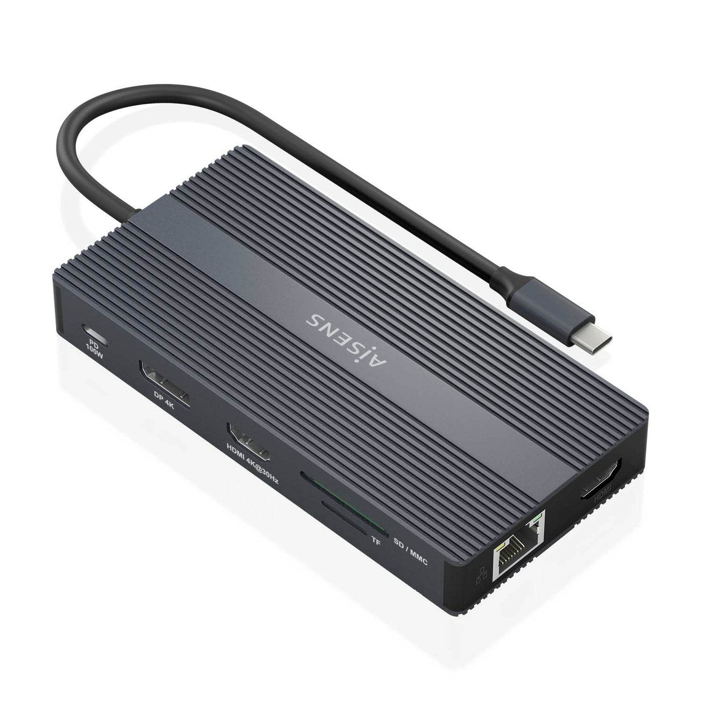 AISENS - USB-C Dock 12 En 1  USB-C a 2xHDMI  1xDisplayport  1xRJ45  4xUSB-A  1xUSB-C  1xUSB-C PD  1xSD  1xMicro SD  Gris  20cm