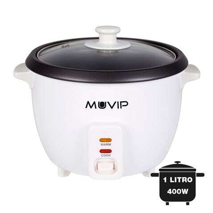 Muvip Arrocera - Capacidad 1 Litro - Potencia 400W - Sistema de Coccion y Calentamiento - Recipiente Interior Antiadherente - Tapa de Cristal - Accesorios Incluidos - Color Blanco 1 pieza(s)