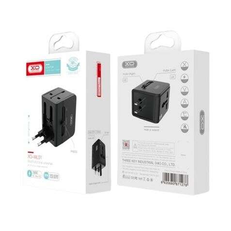 XO Adaptador de Viaje Universal - Voltaje 110V-240V - 2 Puertos USB 2.1Amp - Conexiones para UK, EU, AU, US - Color Negro 1 pieza(s)