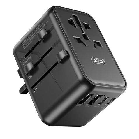 XO Adaptador de Viaje Universal - Conexiones para mas de 150 Paises - Salida de hasta 2500W - Puerto USB-C de 65W - Salida de Cinco Puertos - Color Negro 1 pieza(s)