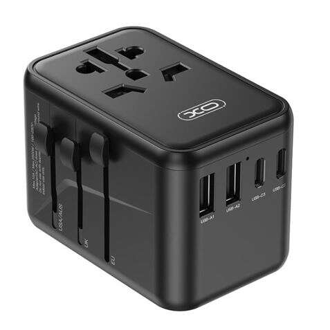 XO Adaptador de Viaje Universal - Conexiones para mas de 150 Paises - Salida de hasta 2500W - Puerto USB-C de 65W - Salida de Cinco Puertos - Color Negro 1 pieza(s)