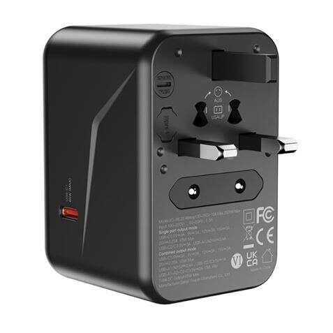 XO Adaptador de Viaje Universal - Conexiones para mas de 150 Paises - Salida de hasta 2500W - Puerto USB-C de 65W - Salida de Cinco Puertos - Color Negro 1 pieza(s)