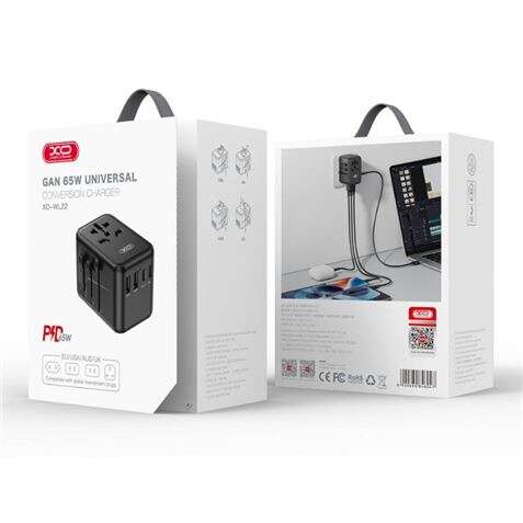 XO Adaptador de Viaje Universal - Conexiones para mas de 150 Paises - Salida de hasta 2500W - Puerto USB-C de 65W - Salida de Cinco Puertos - Color Negro 1 pieza(s)