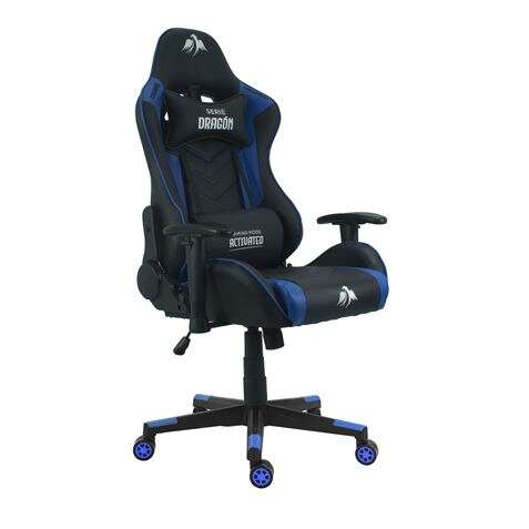 Cromad Serie Dragon Silla Gaming Premium - Altura Regulable con Piston de Gas Clase 2 - Reclinable hasta 180º - Cojines Lumbar y Cervical - Ruedas de Nailon de 60mm - Color Azul/Negro 1 pieza(s)