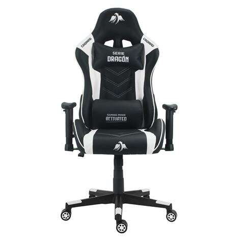 Cromad Serie Dragon Silla Gaming Premium - Altura Regulable con Piston de Gas Clase 2 - Reclinable hasta 180º - Cojines Lumbar y Cervical - Ruedas de Nailon de 60mm - Color Blanco/Negro 1 pieza(s)