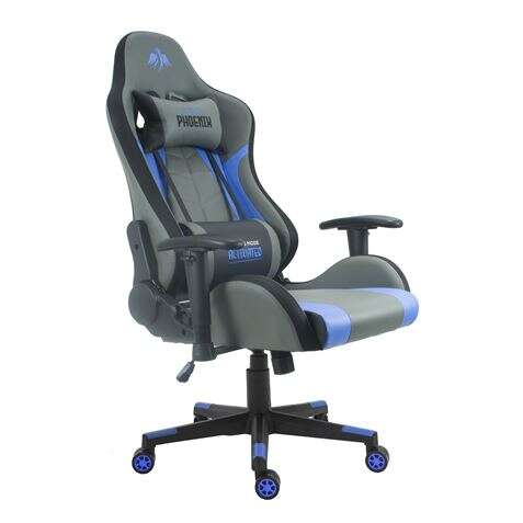 Cromad Serie Phoenix Silla Gaming - Altura Regulable con Piston de Gas Clase 2 - Reclinable hasta 180º - Cojines Lumbar y Cervical - Color Gris/Azul/Negro 1 pieza(s)