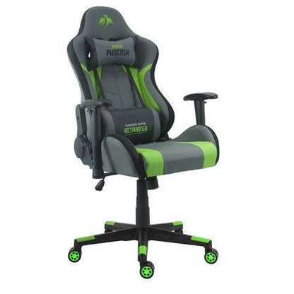 Cromad Serie Phoenix Silla Gaming - Altura Regulable con Piston de Gas Clase 2 - Reclinable hasta 180º - Cojines Lumbar y Cervical - Color Gris/Verde/Negro 1 pieza(s)