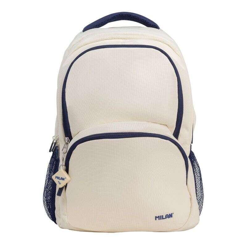 Milan Serie 1918 Mochila Escolar 25L - 3 Bolsillos Delanteros + 2 Bolsillos Laterales - Asas Regulables y Acolchadas - Tamaño 46,5x30x17cm - Color Beige/Azul Oscuro 1 pieza(s)