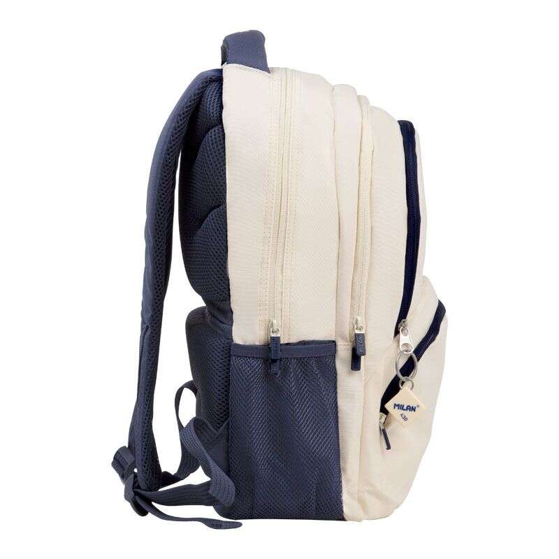 Milan Serie 1918 Mochila Escolar 25L - 3 Bolsillos Delanteros + 2 Bolsillos Laterales - Asas Regulables y Acolchadas - Tamaño 46,5x30x17cm - Color Beige/Azul Oscuro 1 pieza(s)