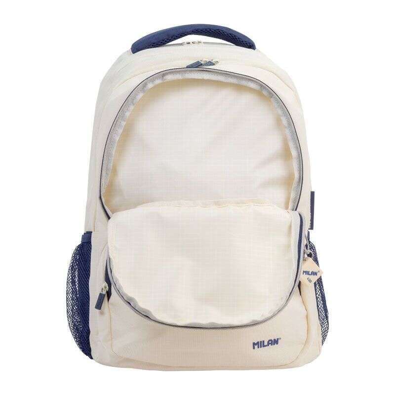 Milan Serie 1918 Mochila Escolar 25L - 3 Bolsillos Delanteros + 2 Bolsillos Laterales - Asas Regulables y Acolchadas - Tamaño 46,5x30x17cm - Color Beige/Azul Oscuro 1 pieza(s)