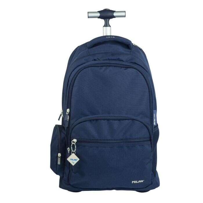 Milan Serie 1918 Mochila Escolar 25L con Carro Integrado y Mango Metalico Retractil - 3 Bolsillos Delanteros + 2 Bolsillos Laterales - Tamaño 46,5x30x17cm - Color Azul Oscuro 1 pieza(s)