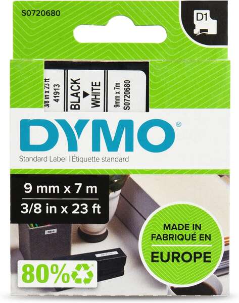 Dymo D1 40913 Cinta de Etiquetas Original para Rotuladora - Texto negro sobre fondo blanco - Ancho 9mm x 7 metros - S0720680 Tintasmurcia.com