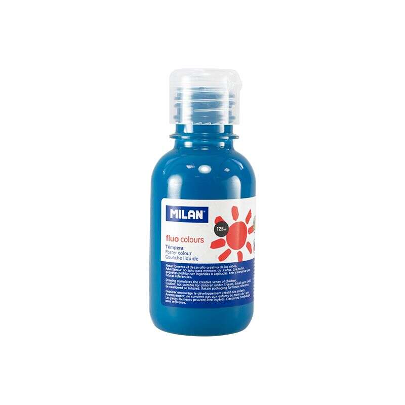 Milan Botella de Tempera 125ml - Tapon Dosificador - Secado Rapido - Mezclable - Color Azul Fluo 3 pieza(s)