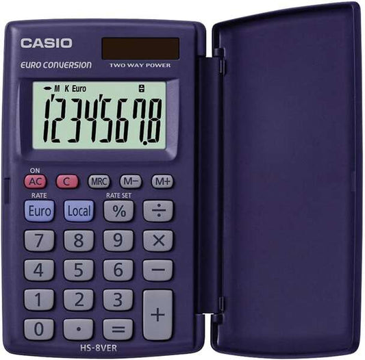 Casio HS-8VERA Calculadora de Bolsillo con Tapa - Pantalla LC Extragrande de 8 Digitos - Funcion Conversor de Euros - Color Azul Oscuro 1 pieza(s)