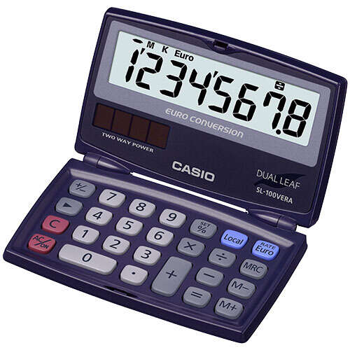 Casio SL-100VERA Calculadora de Bolsillo Tipo Concha - Pantalla LC Extragrande de 8 Digitos - Funcion Conversor de Euros - Color Azul Oscuro 1 pieza(s)