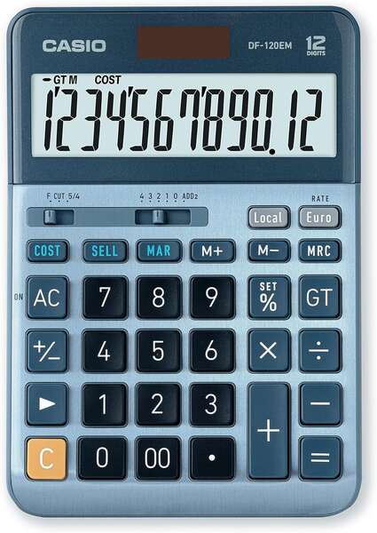 Casio DF-120EM Calculadora de Sobremesa - Pantalla Extragrande de 12 Digitos - Alimentacion Solar y Pilas - Color Azul 1 pieza(s)