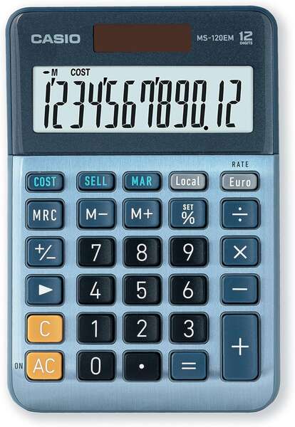 Casio MS-120EM Calculadora de Sobremesa Pequeña - Pantalla LCD de 12 Digitos - Alimentacion Solar y Pilas - Color Azul 1 pieza(s)