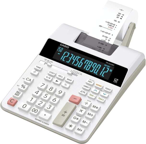 Casio FR-2650RC Calculadora Impresora de Sobremesa - Impresión en 2 colores - Pantalla de 12 Digitos - Función de reloj y calendario - Color Blanco 1 pieza(s)