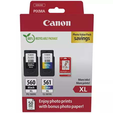 Canon PG560XL Negro + CL561XL Color Pack de 2 Cartuchos de Tinta Originales - 50 Hojas de Papel Fotografico - 3712C008/3712C004 Tintasmurcia.com