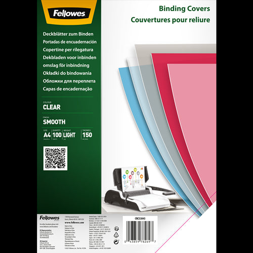 Fellowes Pack de 100 Portadas de Polietileno Transparentes para Documentos A4 - Grosor 150 Micras - Utilizables en Encuadernadoras de Espiral o Canutillo 1 pieza(s)