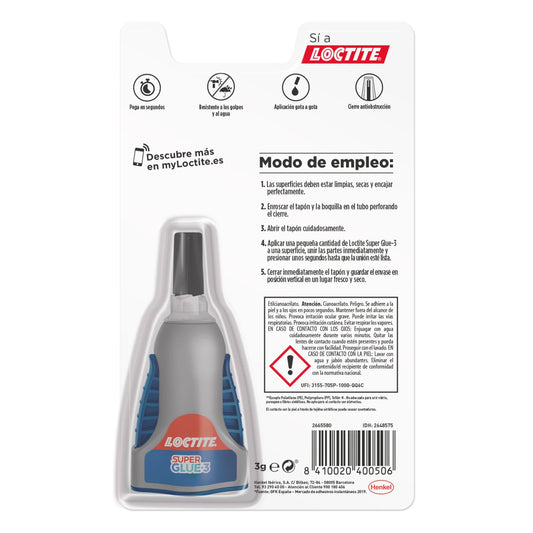 Loctite Superglue-3 Control 3gr - Adhesivo Extrafuerte - Resistente al Agua - Transparente y Duradero 1 pieza(s)