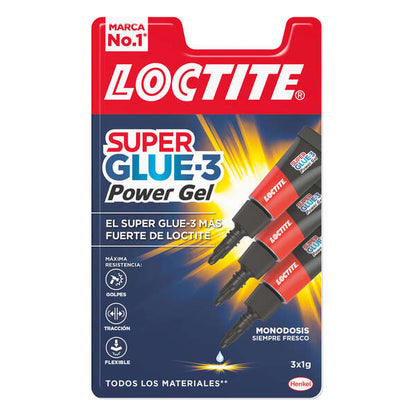 Loctite Superglue-3 Monodosis Power Gel 3x1g - Adhesivo Instantaneo Flexible y Extrafuerte - Formula en Gel Enriquecida con Particulas de Caucho - Resistente a Golpes. Torsiones y Vibraciones - Multimaterial 1 pieza(s)