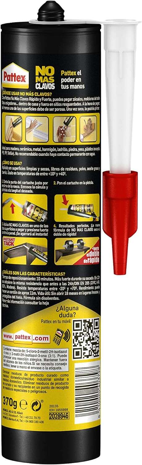 Pattex No Mas Clavos Cartucho 370gr - Adhesivo de Montaje Extra-Fuerte - Elimina la Necesidad de Clavos y Tornillos - Ideal para Trabajos de Bricolaje y Reparacion 1 pieza(s)