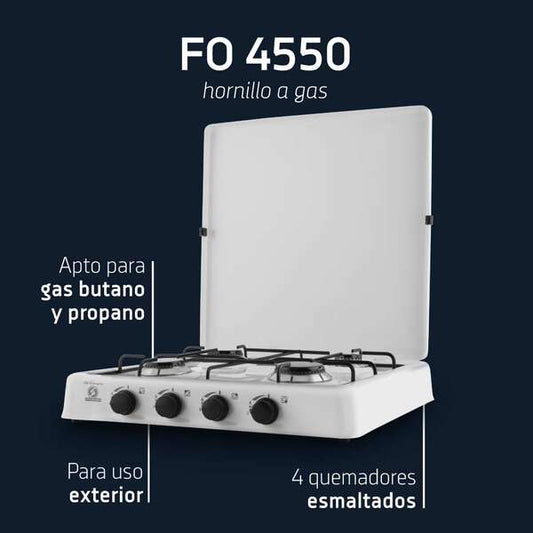 Orbegozo Hornillo a Gas FO 4550 Blanco - 4 Quemadores Esmaltados - Potencia de 750W a 1900W - Tipo de Gas G-30/G31 - Presion de Entrada 30/37 Mbar 1 pieza(s)