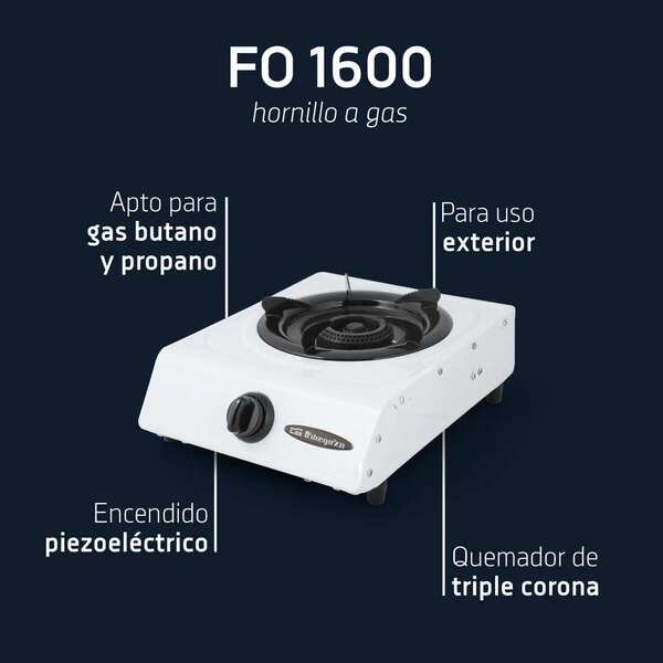 Orbegozo FO 1600 Hornillo a Gas Blanco - Encendido Piezoelectrico - Quemador de Triple Corona - Versatil y Practico - Ideal para Picnics y Camping 1 pieza(s)