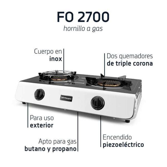 Orbegozo FO 2700 Hornillo a Gas Inox - Compacto y Versatil - 2 Quemadores de Triple Corona - Encendido Piezoelectrico - para Gas Butano o Propano 1 pieza(s)