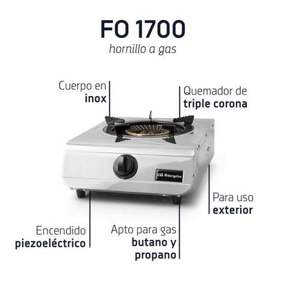 Orbegozo FO 1700 Hornillo a Gas Practico y Eficiente - Encendido Piezoelectrico - Quemador de Triple Corona - Cuerpo de Acero Inoxidable - Uso con Gas Butano o Propano 1 pieza(s)