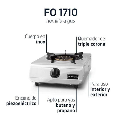 Orbegozo FO 1710 Hornillo a Gas Inoxidable - Quemador Triple Corona 4.3kW - Seguridad Termopar - Encendido Piezoelectrico - Compacto y Versatil 1 pieza(s)