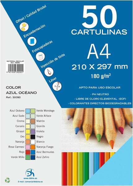 Dohe Pack de 50 Cartulinas A4 180 g/m² - Aptas para Impresion - PH Neutro - Libres de Cloro Elemental - Color Azul Oceano 1 pieza(s)