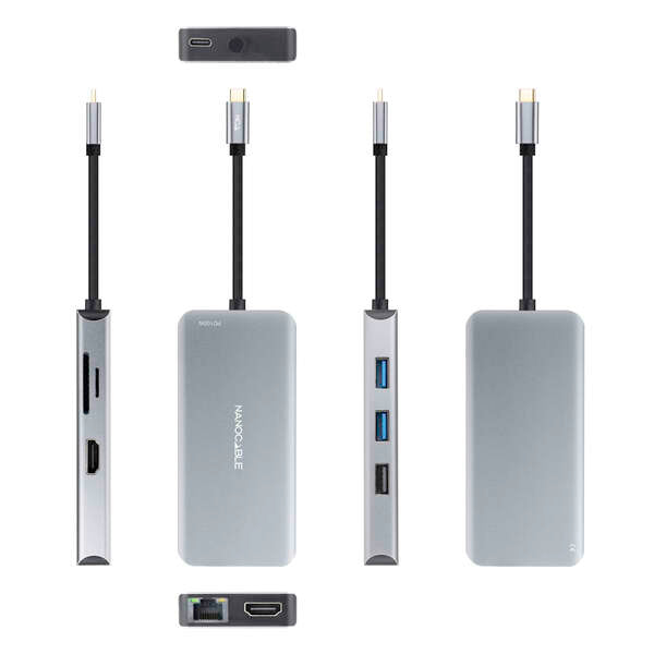 Nanocable - HUB USB-C 9 en 1  Conversor USB-C a 3 x USB-A + 2 x HDMI + RJ45 + TF + SD + USB-C PD 100W  Aluminio  15 cm  Gris