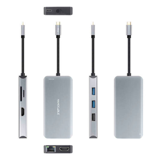 Nanocable - HUB USB-C 9 en 1  Conversor USB-C a 3 x USB-A + 2 x HDMI + RJ45 + TF + SD + USB-C PD 100W  Aluminio  15 cm  Gris