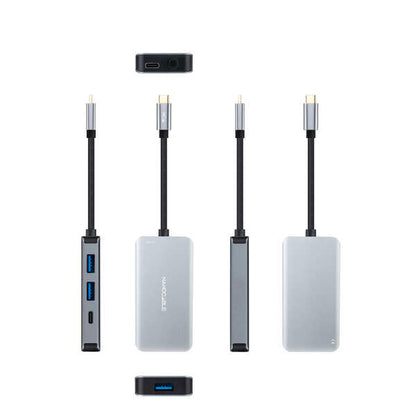 Nanocable - HUB USB-C 5 en 1  Conversor 3.2 GEN1 5G a 3 x USB-A 3.0 + USB-C + USB-C PD 100W  Aluminio  15 cm  Gris