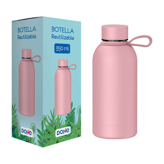 Dohe Botella Reutilizable 350ml - Acero Inoxidable de Doble Pared - Libre de BPA - Tapon Hermetico Antigoteo de Acero Inoxidable - Recubierta de Caucho - Color Rosa 1 pieza(s)