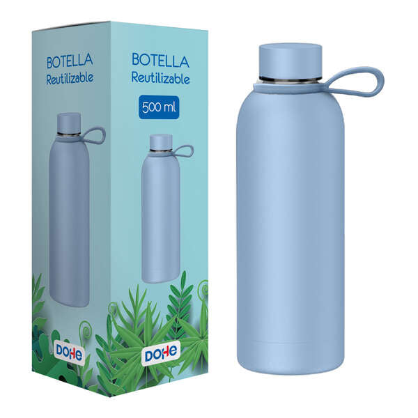 Dohe Botella Reutilizable 500ml - Acero Inoxidable de Doble Pared - Libre de BPA - Tapon Hermetico Antigoteo de Acero Inoxidable - Recubierta de Caucho - Color Azul 1 pieza(s)