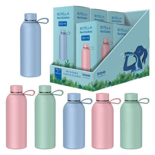 Dohe Expositor de 6 Botellas Reutilizables 3x 500ml y 3x 350ml - Acero Inoxidable de Doble Pared - Libre de BPA - Tapon Hermetico Antigoteo de Acero Inoxidable - Recubierta de Caucho - Colores Surtidos 1 pieza(s)