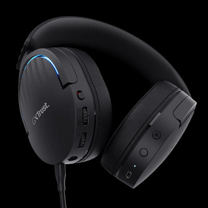 Trust GXT491 Fayzo Auriculares Gaming Bluetooth, USB 2.4Ghz - Iluminacion RGB - Microfono Extraible - Diadema Ajustable - Autonomia hasta 22h - Controles de Facil Acceso - Color Negro 1 pieza(s)